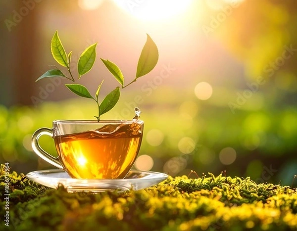 Fototapeta Sunny image shows cup of tea with fresh leaves rising from it