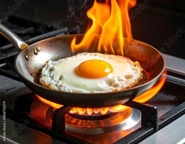 Fototapeta Sunny-side-up egg sizzling in a pan with flames rising