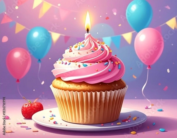 Fototapeta Sweet cupcake with pink frosting, balloons, and festive decorations