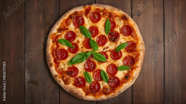 Fototapeta A delicious salami pizza with melted mozzarella and tomato sauce served on a wooden board on a wooden table