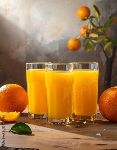 Fototapeta Three tall glasses of freshly squeezed citrus juice, with oranges