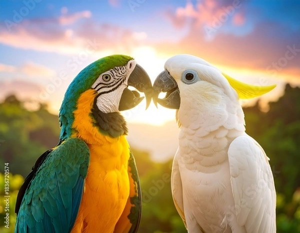 Fototapeta Two colorful parrots touch beaks against a vibrant sunset backdrop