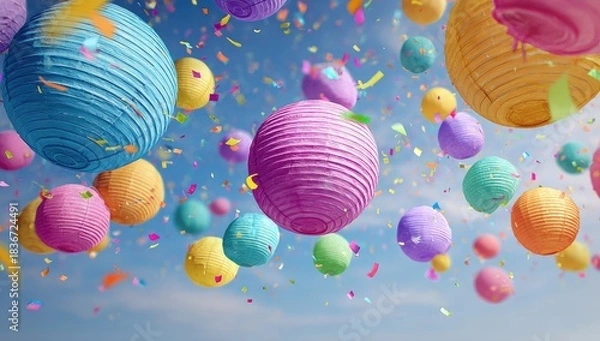 Fototapeta Vibrant paper lanterns and confetti float joyfully in a clear blue sky