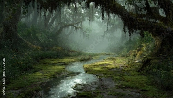 Fototapeta Enchanting moss-covered forest path with a winding stream and misty trees