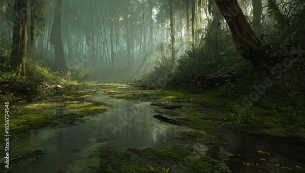 Fototapeta Misty forest path winding through lush, mossy terrain with a reflective stream