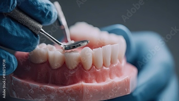 Fototapeta Close-up of dental model, hands in gloves adjusting teeth with tools