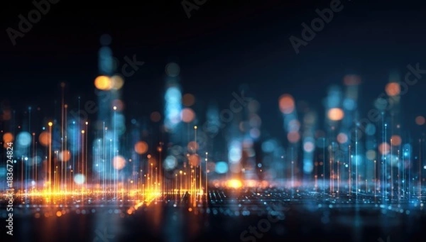 Fototapeta Abstract glowing lights and digital streams forming a futuristic city