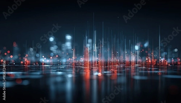 Fototapeta Abstract digital city with glowing red and blue data streams