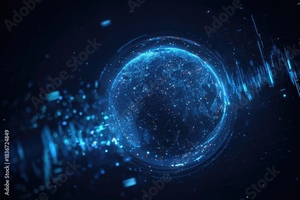 Fototapeta Glowing digital sphere with data streams and pulsating energy against dark background