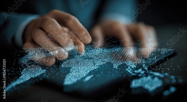 Fototapeta Hands interact with a digital world map projection, data streams flow