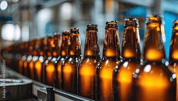 Obraz Row of amber glass bottles moving along an industrial conveyor belt