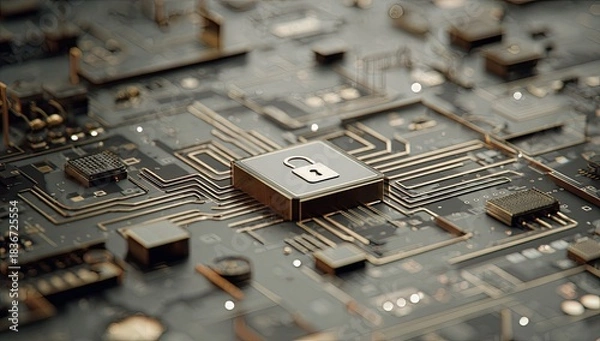 Obraz Close-up of a microchip with a padlock symbol, representing digital security