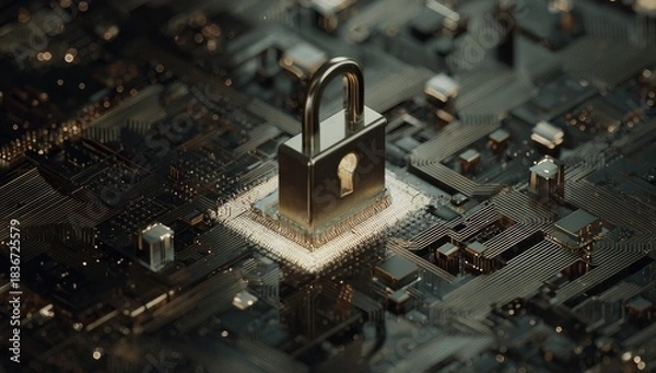 Obraz Digital padlock secures glowing circuit board, symbolizing data protection and encryption