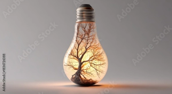 Fototapeta A bare tree inside a glowing lightbulb with a sunset background