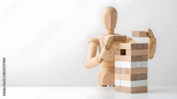Obraz 積み木を重ねてシステムを構築するデッサン人形