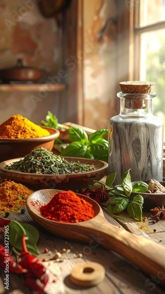 Fototapeta Various spices in bowls and spoons next to herbs and a glass jar