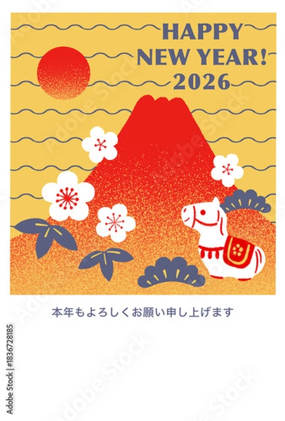Obraz 2026年富士山と馬張子のポップな年賀状テンプレート