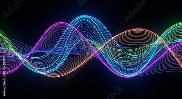 Obraz Abstract glowing colorful wavy lines on a dark background representing digital sound or light waves.