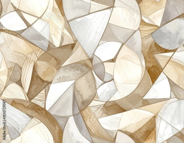 Fototapeta Watercolor abstract geometric pattern with beige, white, and brown shapes