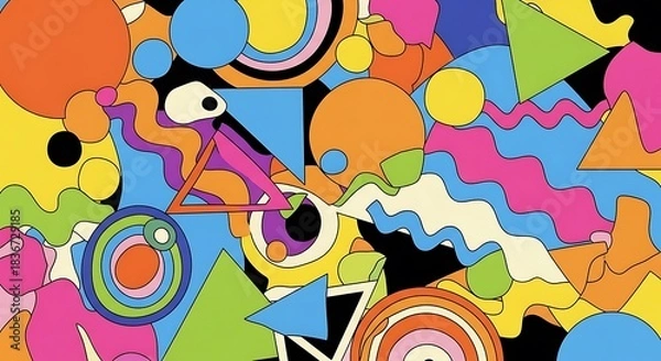 Obraz Vibrant abstract pattern with colorful geometric shapes and wavy lines in a retro psychedelic style.