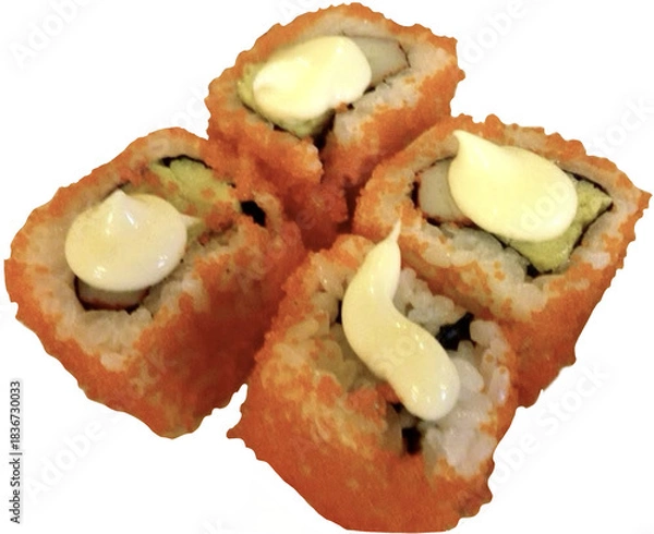 Obraz Sushi rolls with shrimp roe with mayonnaise on top, couple sushi, isolated on white background, Thai Style sushi