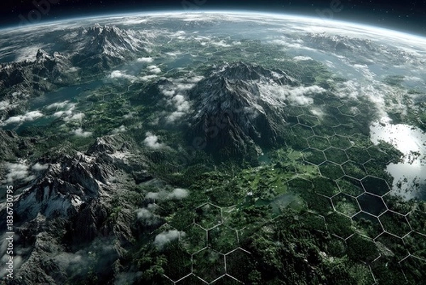Fototapeta Earth's Surface with Hexagonal Grid Overlay