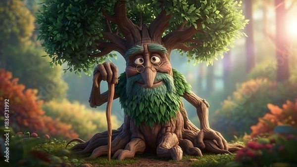 Obraz A whimsical cartoon tree character with a green beard and staff sits in an enchanted forest with autumn colors.