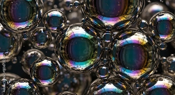 Obraz Close-up macro shot of numerous iridescent soap bubbles reflecting a spectrum of vibrant colors and light.