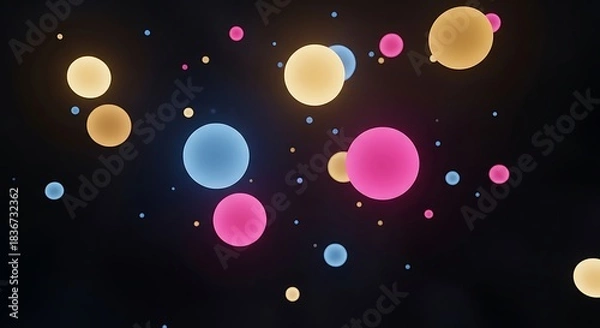 Obraz Abstract image of glowing colorful spheres and bubbles floating in a dark space.