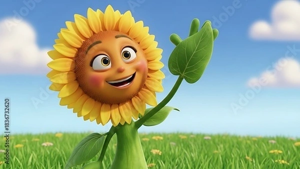Obraz A cheerful animated sunflower character with a smiling face waving a leaf hand in a sunny green field.