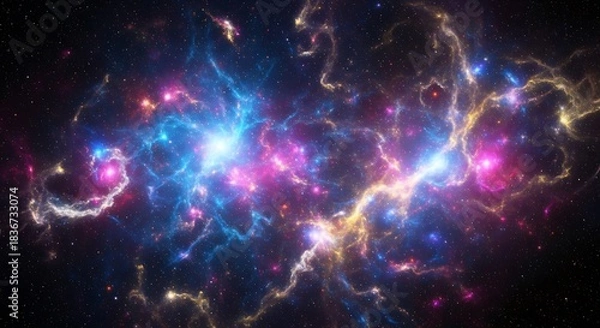 Obraz Vibrant cosmic nebula with glowing blue, pink, and yellow gas clouds and countless stars in deep space.