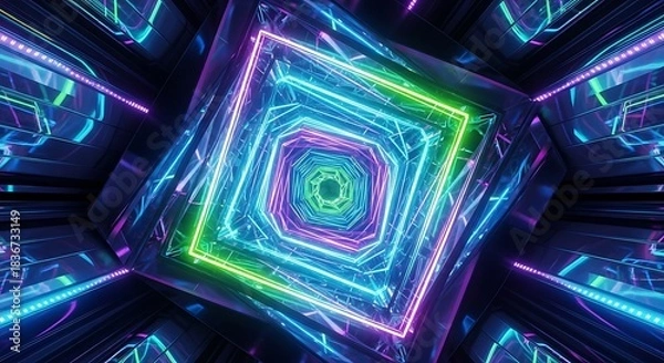 Obraz Abstract neon light tunnel with glowing geometric shapes creating a futuristic and vibrant visual effect.