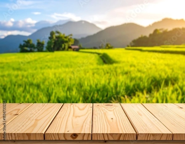 Fototapeta Wooden table overlooking a green rice field and mountains at sunset