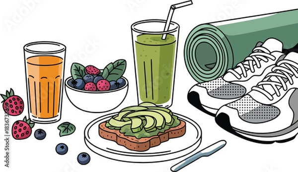 Fototapeta Healthy lifestyle elements including fresh fruit smoothies berries and athletic shoes