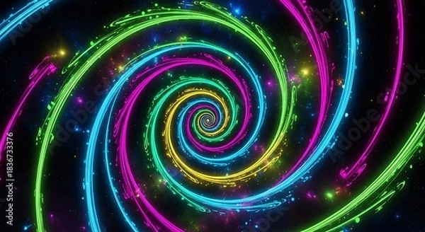 Obraz Vibrant neon glowing spiral tunnel with colorful light trails and sparkling particles creating an abstract energetic background.