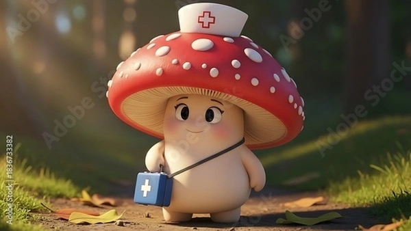 Obraz Adorable cartoon mushroom character dressed as a nurse carrying a first-aid kit walking on a sunny forest path.