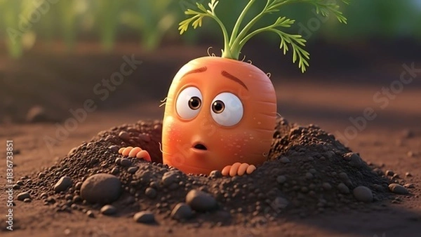 Obraz A cute cartoon carrot character with big eyes peeking out of the soil, looking surprised or worried in a sunny garden.