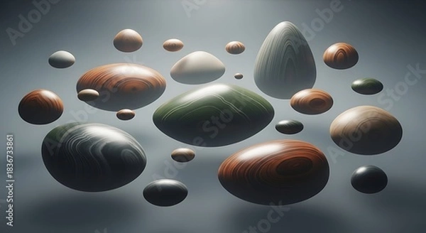 Obraz Abstract composition of floating smooth wooden and stone-like oval objects.