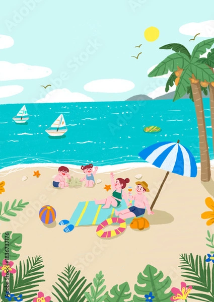 Obraz 여름방학 해변 바다 가족 여행 