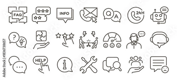 Fototapeta Customer service, technical support and FAQ line icon set. Contact center, chatbot, customer feedback vector symbols. Helpdesk, online assistance, review editable stroke outline icons