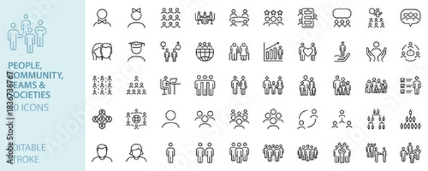 Fototapeta People, community and social network icons. Business team, management, user avatar, human resources, family and crowd vector line icon set. Editable stroke