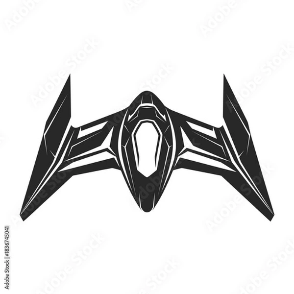 Fototapeta Stylized black futuristic spaceship or drone with sharp angles and symmetrical design, isolated on a white background.