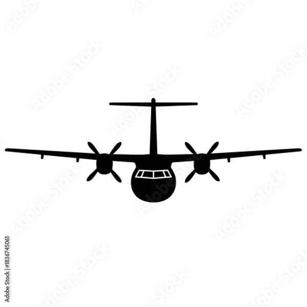 Fototapeta Black silhouette of a propeller airplane viewed from the front, with two engines and wings spread wide.