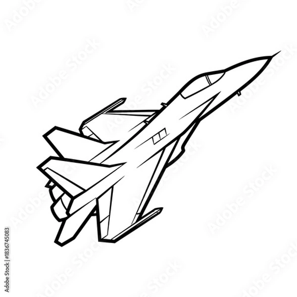 Fototapeta Black and white line art drawing of a modern military fighter jet aircraft in flight, viewed from an angle.