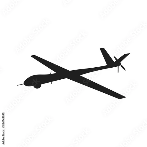 Fototapeta Black silhouette of a military-style unmanned aerial vehicle (UAV) or drone flying, isolated on a white background.