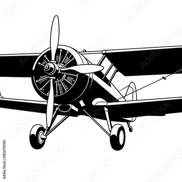 Fototapeta Black and white illustration of a vintage biplane with a prominent propeller and landing gear.