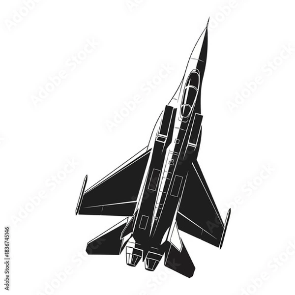 Fototapeta Top-down view of a modern military fighter jet in black and white illustration style.