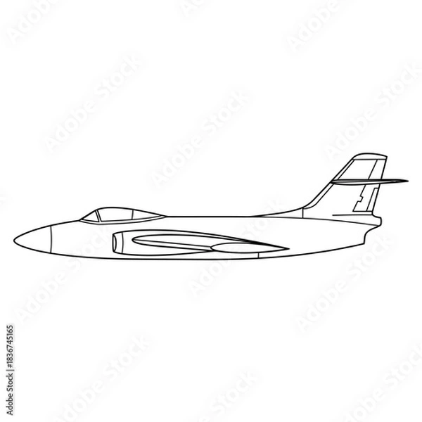 Fototapeta Outline drawing of a vintage military jet aircraft, viewed from the side, ready for coloring activities.