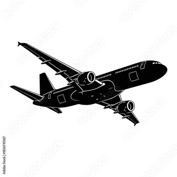 Fototapeta Detailed black silhouette illustration of a large passenger airplane in flight, viewed from below and slightly to the side, against a white background.