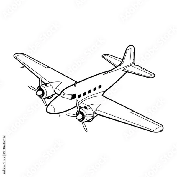 Fototapeta Line art drawing of a vintage propeller airplane flying, viewed from an isometric perspective.